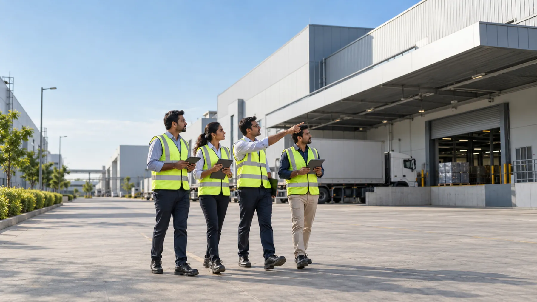 Illustrative industrial estate scene for Pimpri-Chinchwad with engineers in safety vests