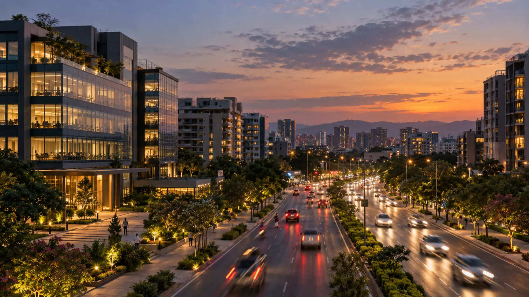 Illustrative evening street scene for Pune with offices and apartment buildings