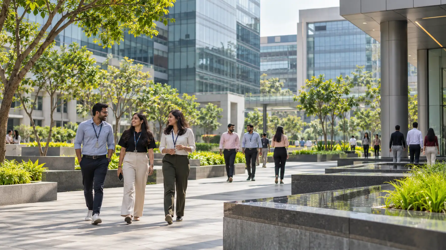 Illustrative IT park scene for Hinjewadi, Pune with office towers and employees