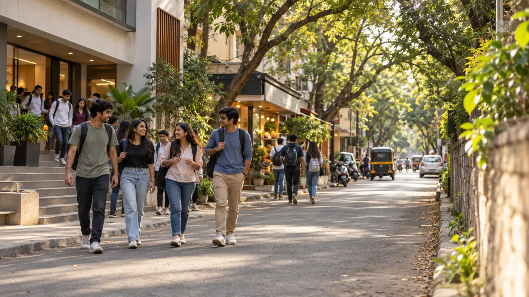 Illustrative tree-lined street scene for Kothrud, Pune with students and shops