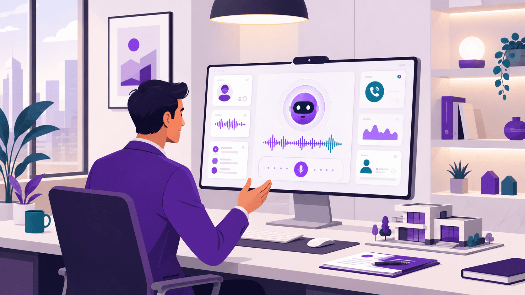 Real estate agent using a voice AI agent in a modern office.