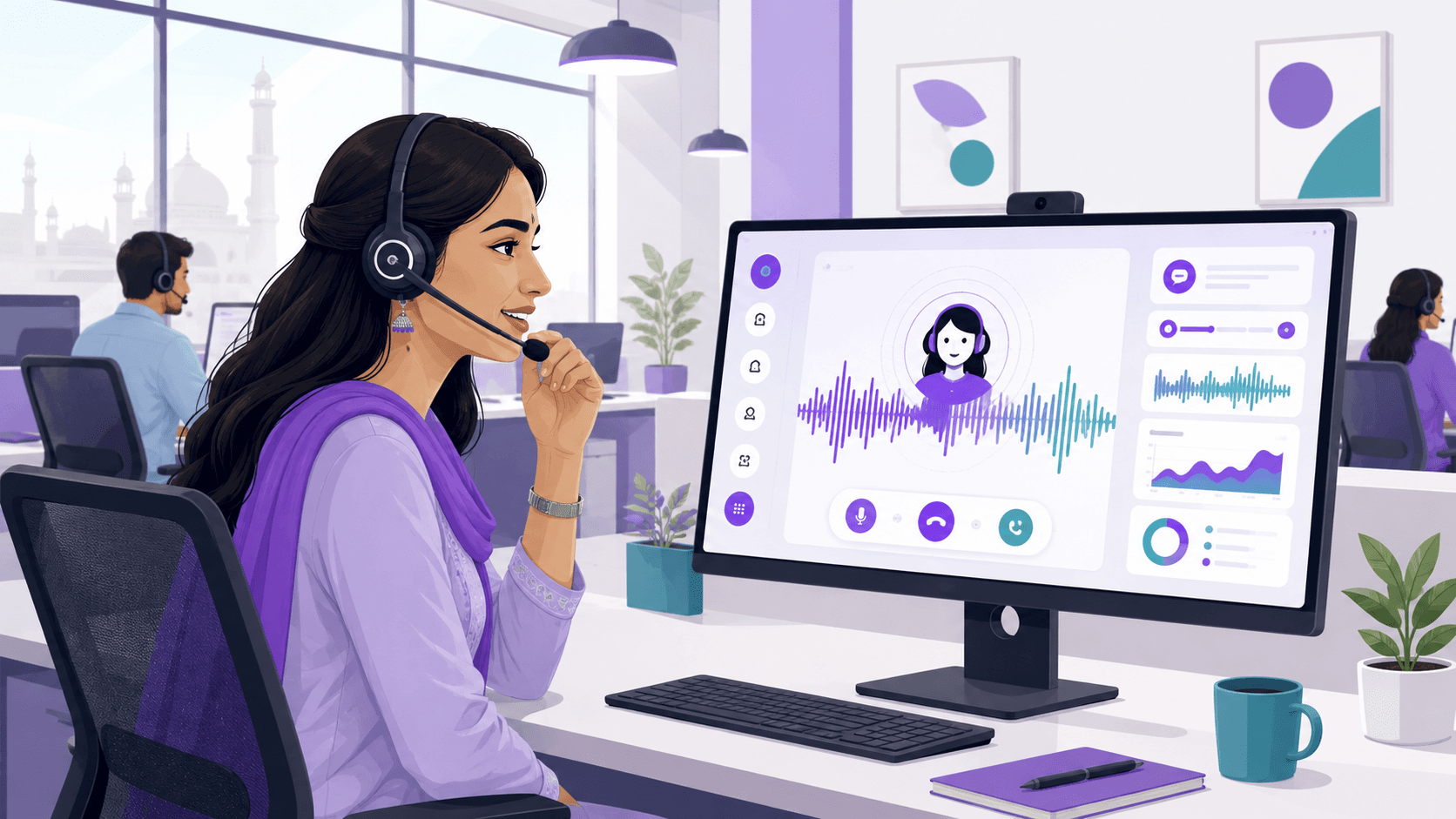 Customer service representative using AI voice assistant in a call center.