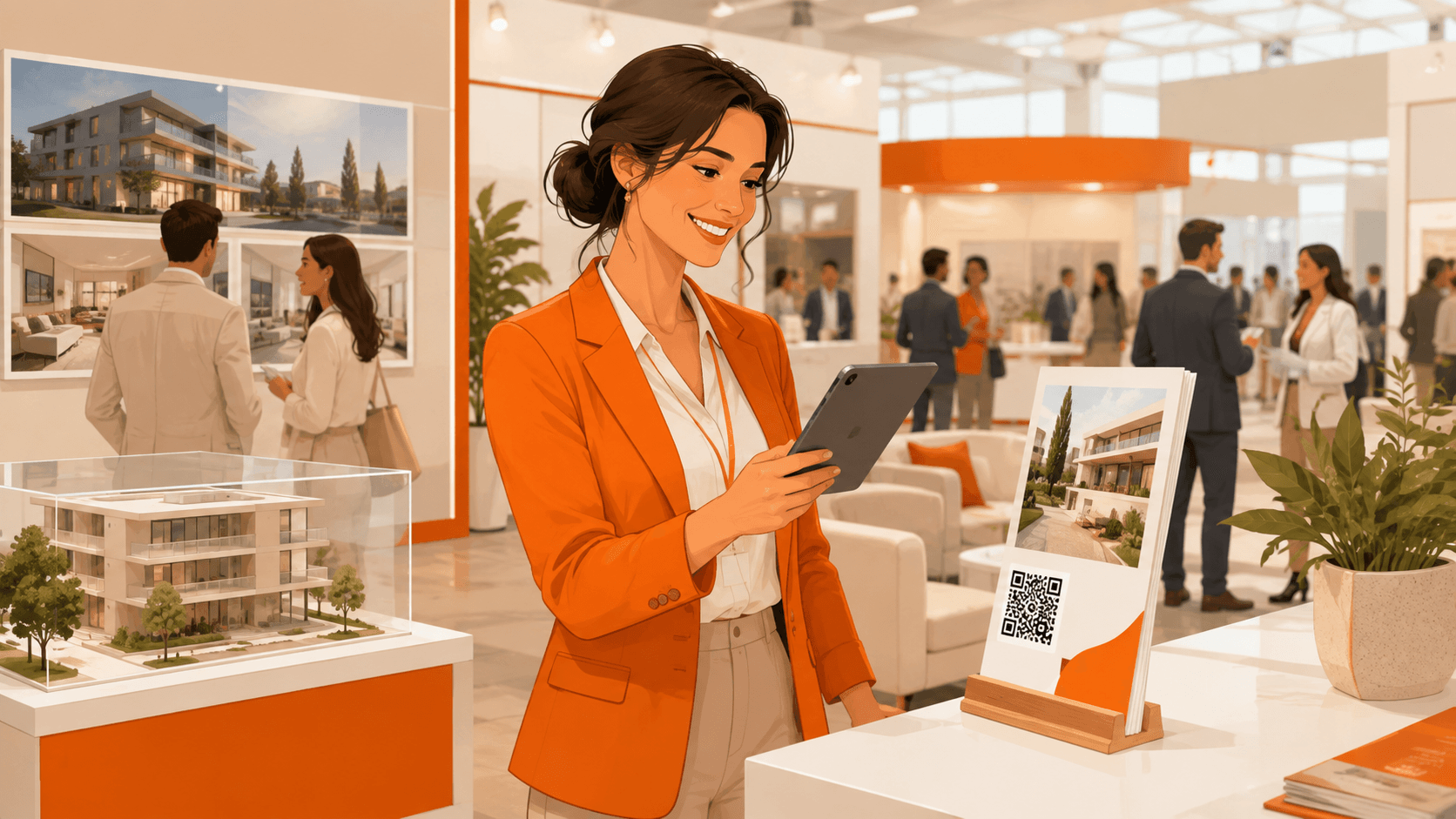 Real estate agent scanning QR code at expo booth.