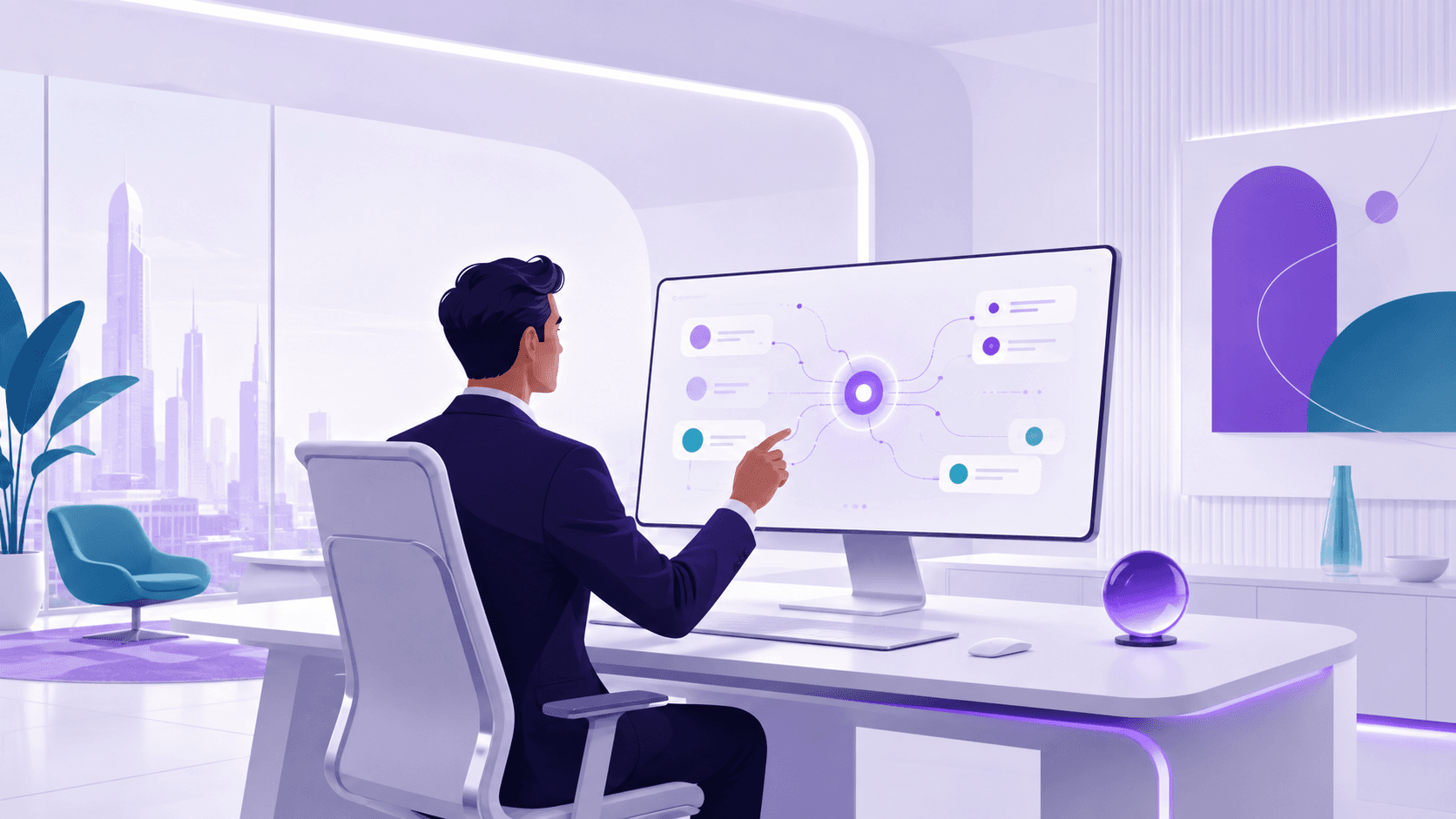 Executive interacting with AI-driven communication system in a modern office.