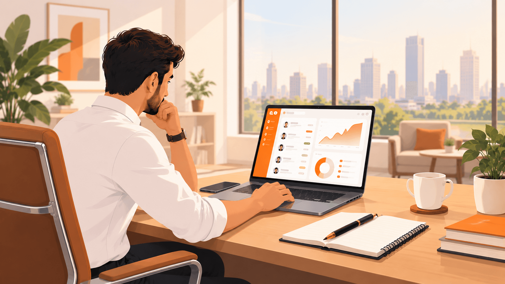 Real estate sales manager reviewing a lead dashboard on a laptop.