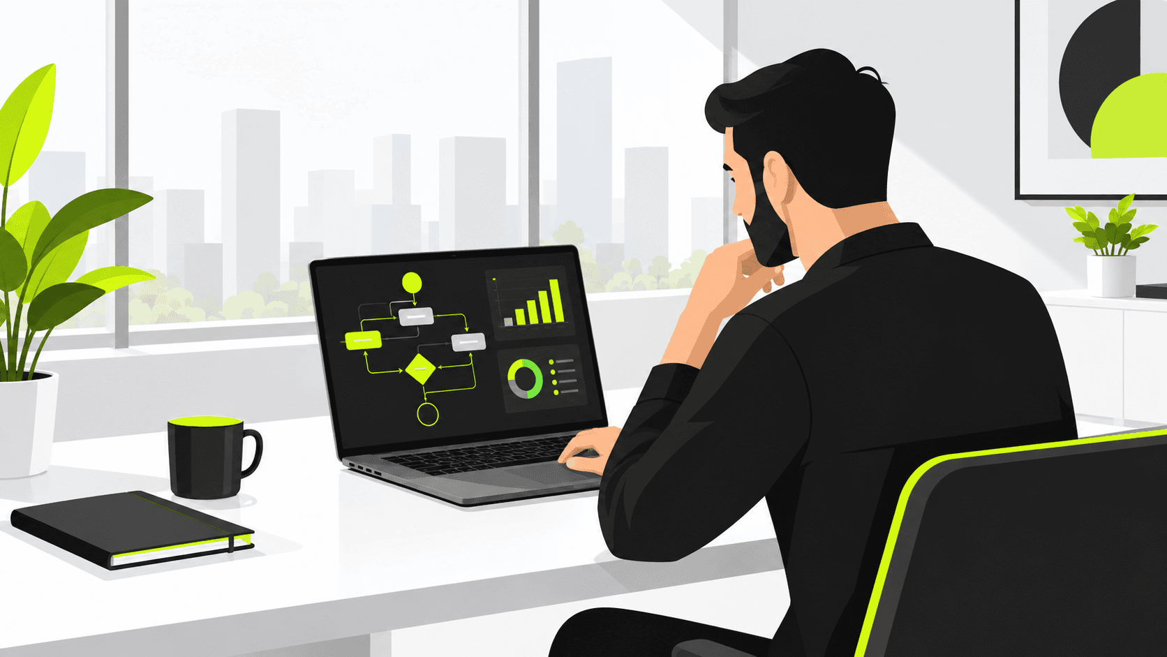 Business owner using a laptop showing automated workflow processes.