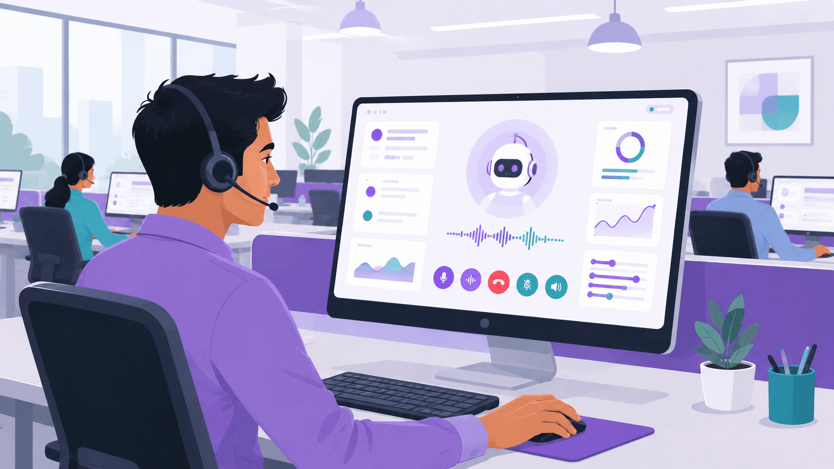 Agent using AI voice calling interface in a call center.