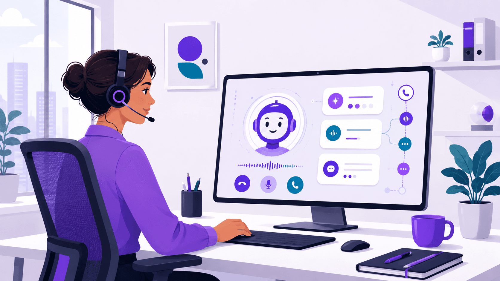 Customer service representative interacting with AI phone agent on screen.