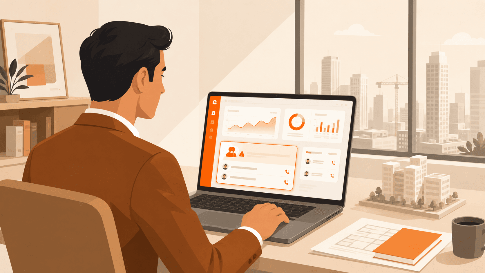 Real estate developer using CRM to detect duplicate call leads in a modern office setting.