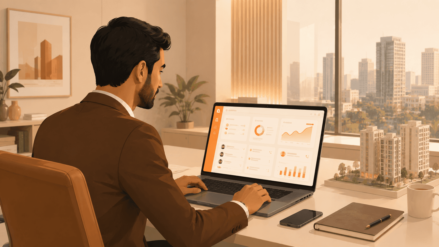 Real estate developer using lead management software on a laptop