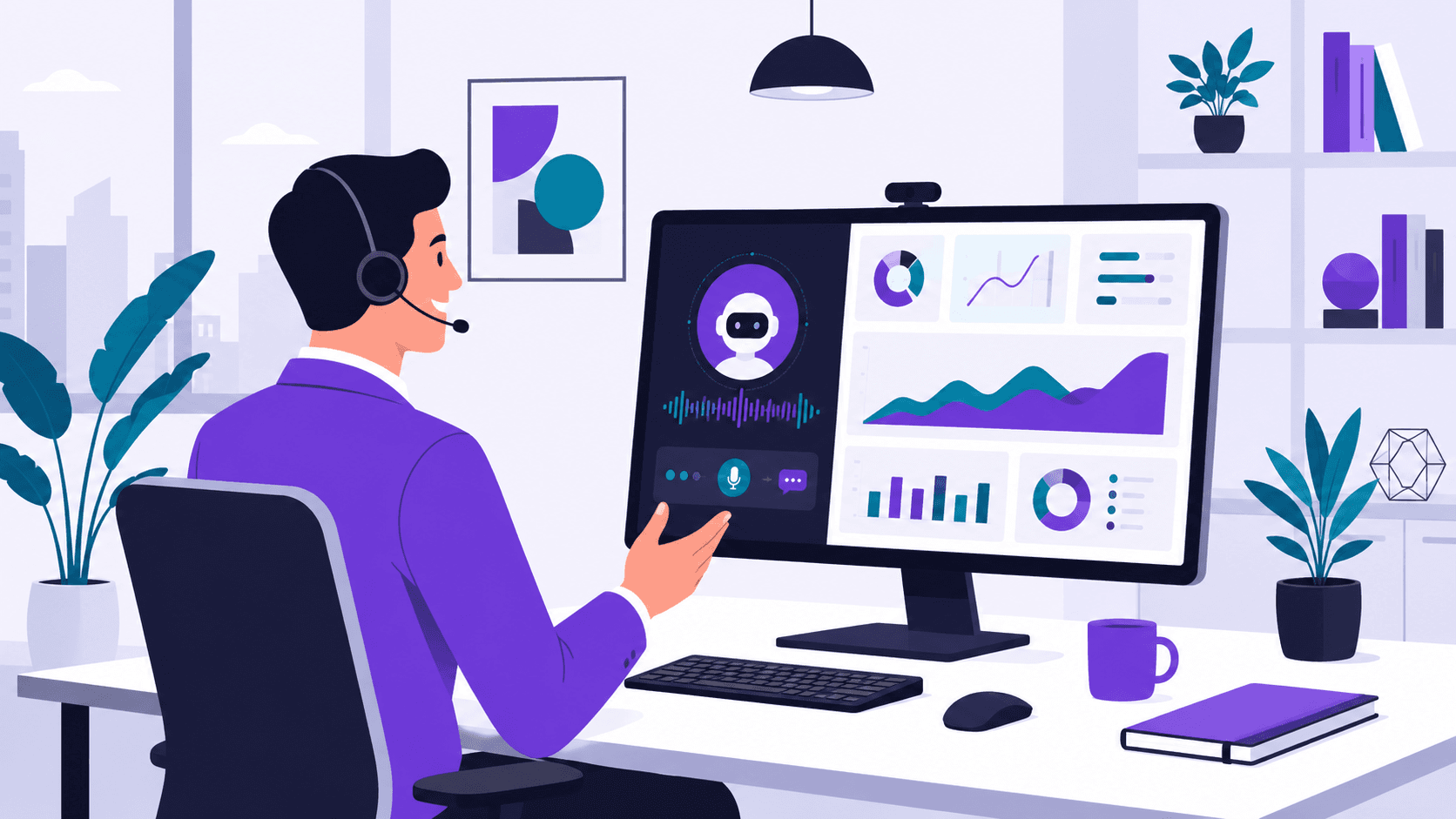 Financial advisor using AI voice assistant in modern office.