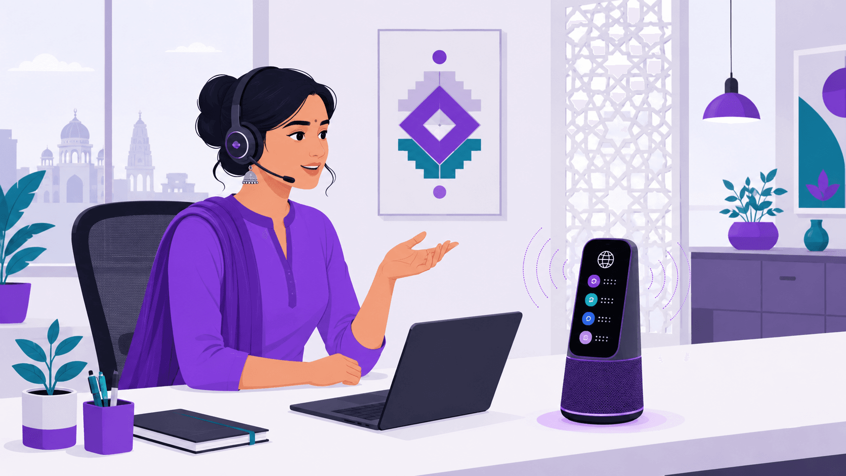 AI voice assistant helping a customer service agent in a multilingual Indian office.