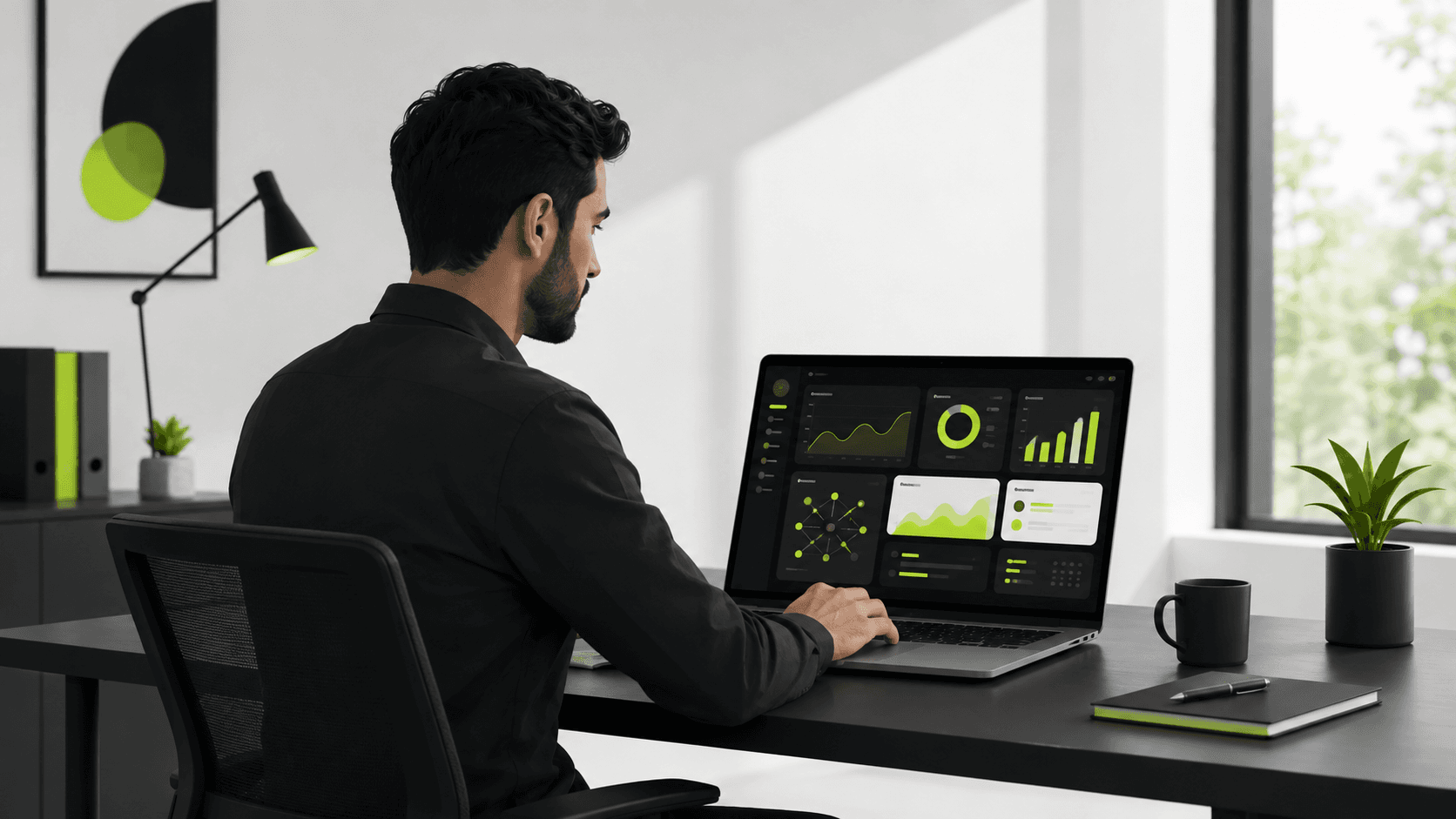 Business analyst reviewing AI service reports on a laptop.