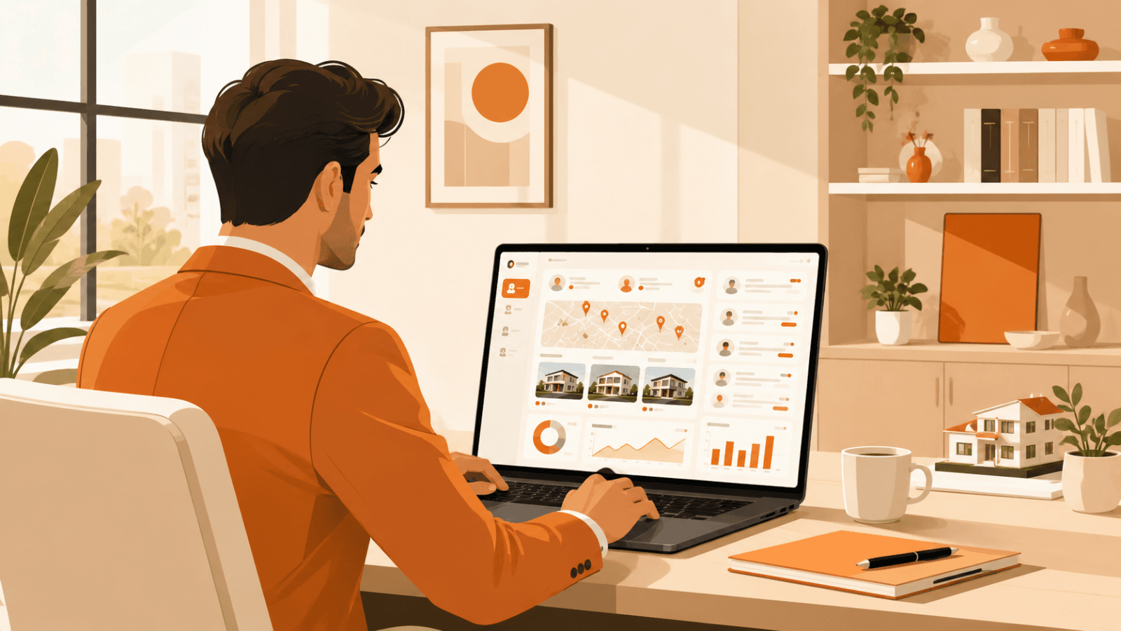 Real estate agent using ArthaLeads CRM on a laptop in an office.