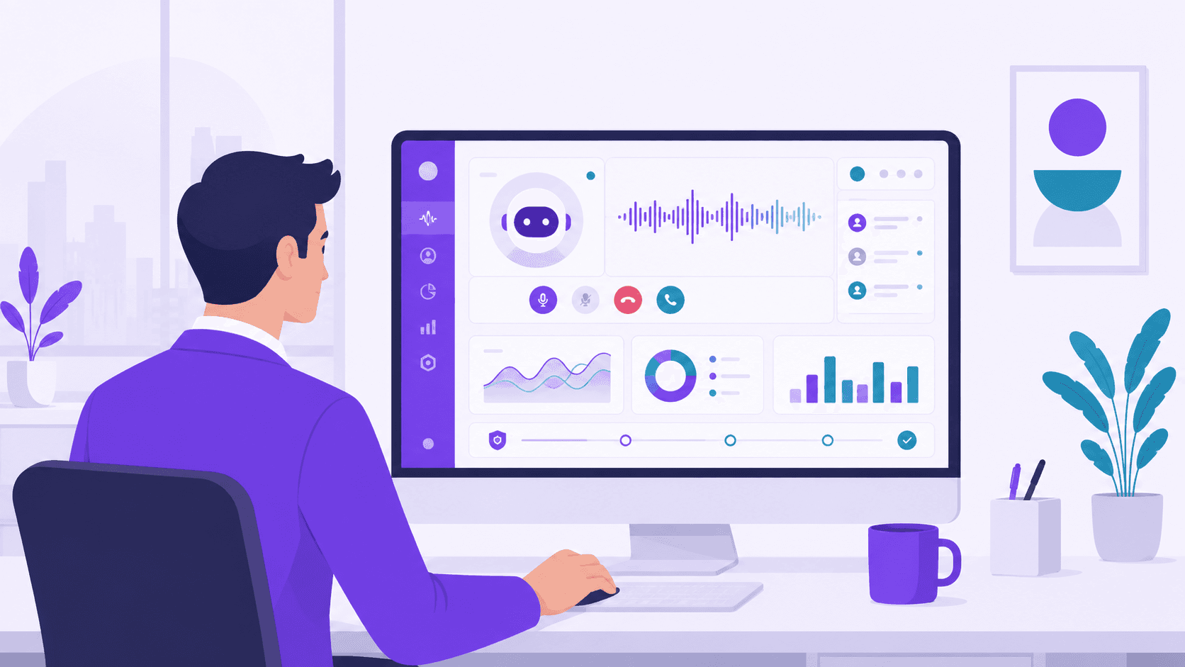 Business professional interacting with AI voice agent in a modern office, focusing on reliability.
