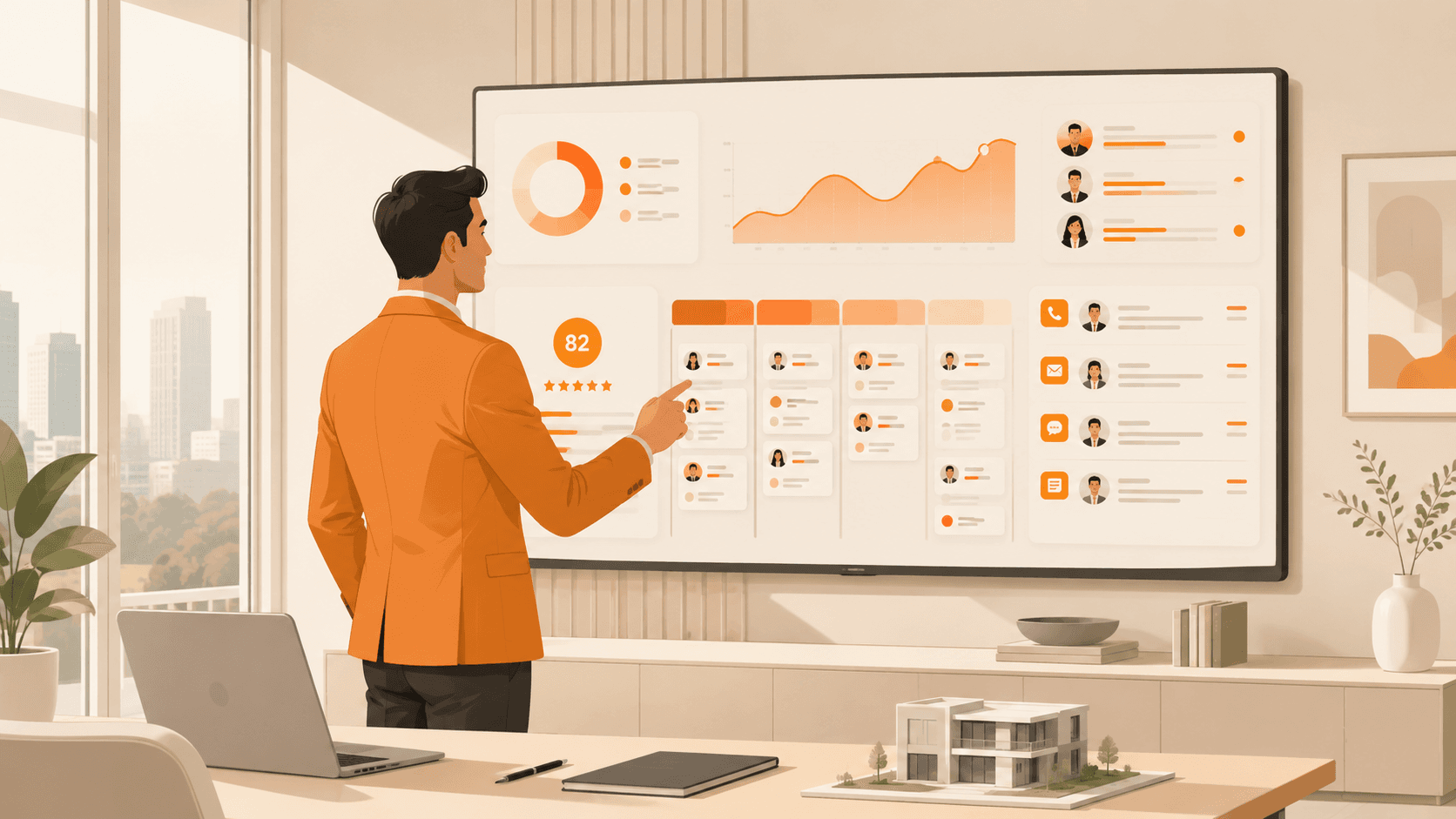 Real estate agent using ArthaLeads on a digital dashboard in a modern office.