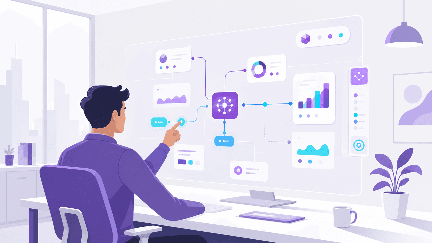 Business analyst using AI-driven workflow solutions in a modern office.