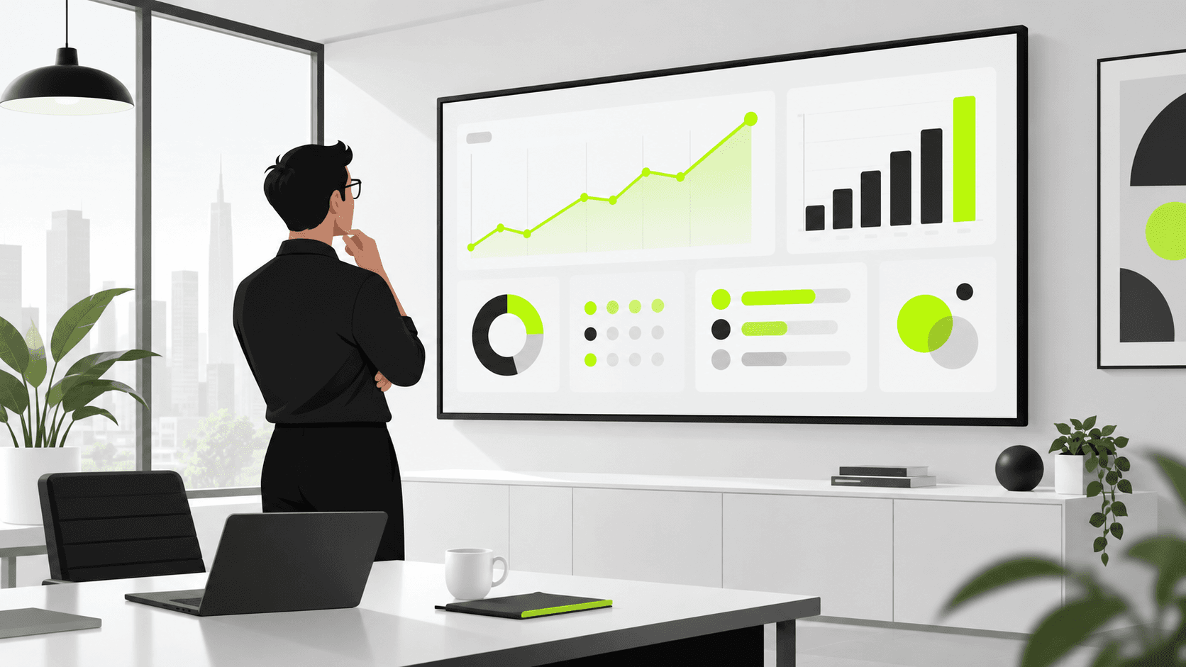 Digital marketer analyzing trends on a large screen in a modern office.