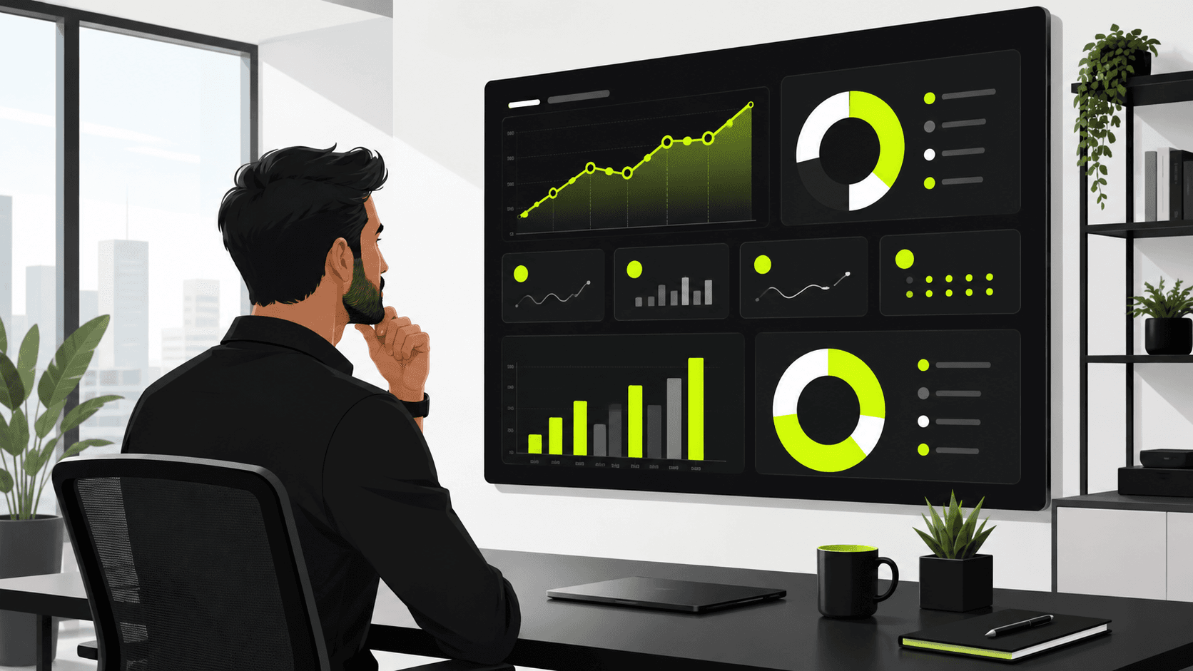 Marketing strategist analyzing customer engagement metrics on a digital dashboard.