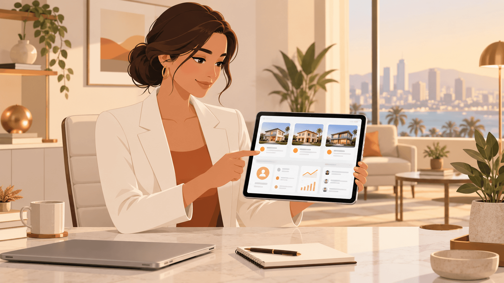 Real estate agent uses tablet for automated property and client management.
