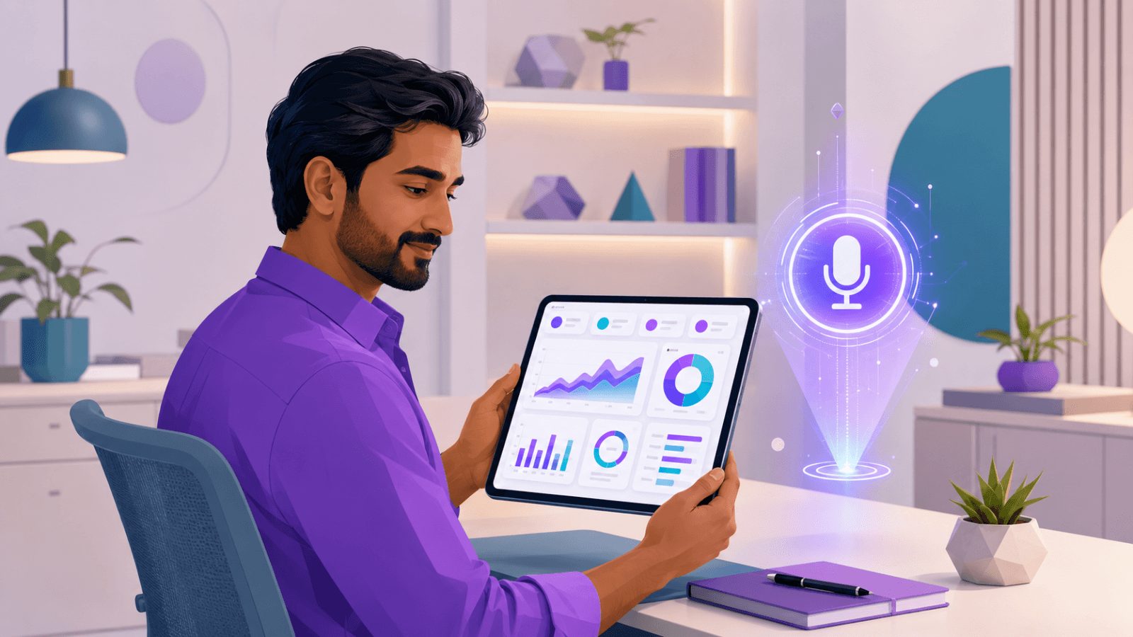 Small business owner using AI voice assistant in an office.