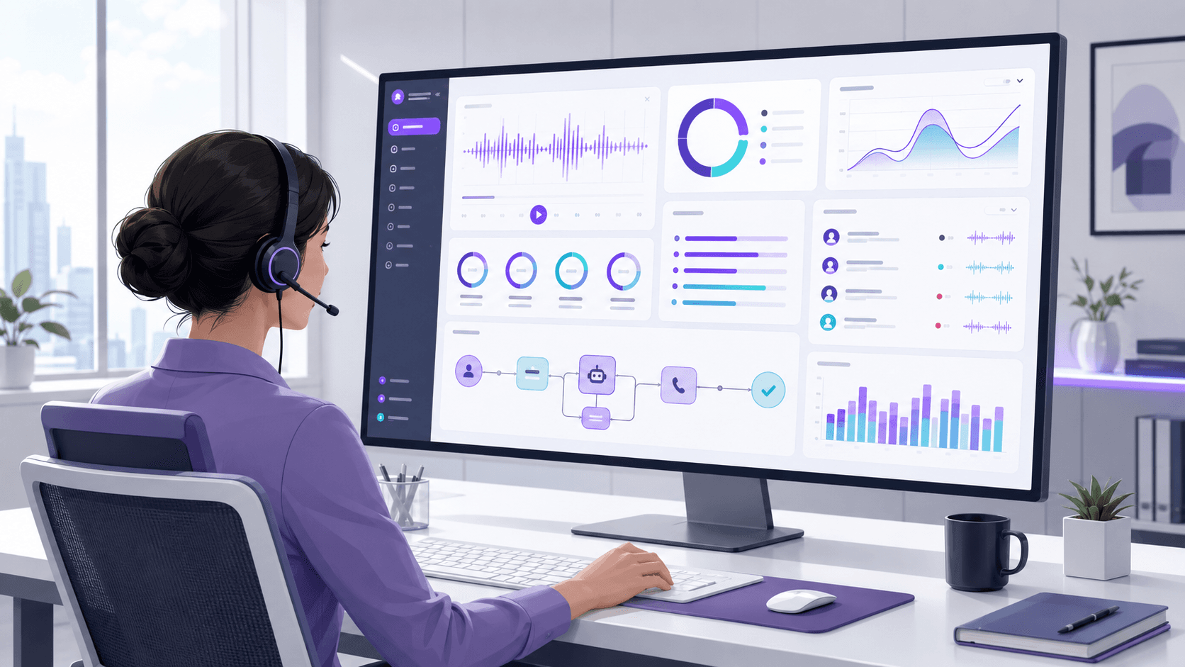 Customer service rep using AI voice calling dashboard.