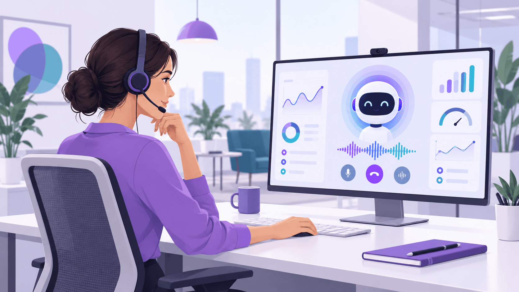 Customer service agent interacting with a virtual AI voice system in an office.