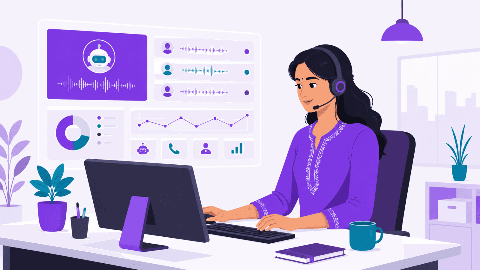 Indian customer service rep using AI voice calls in a modern office.
