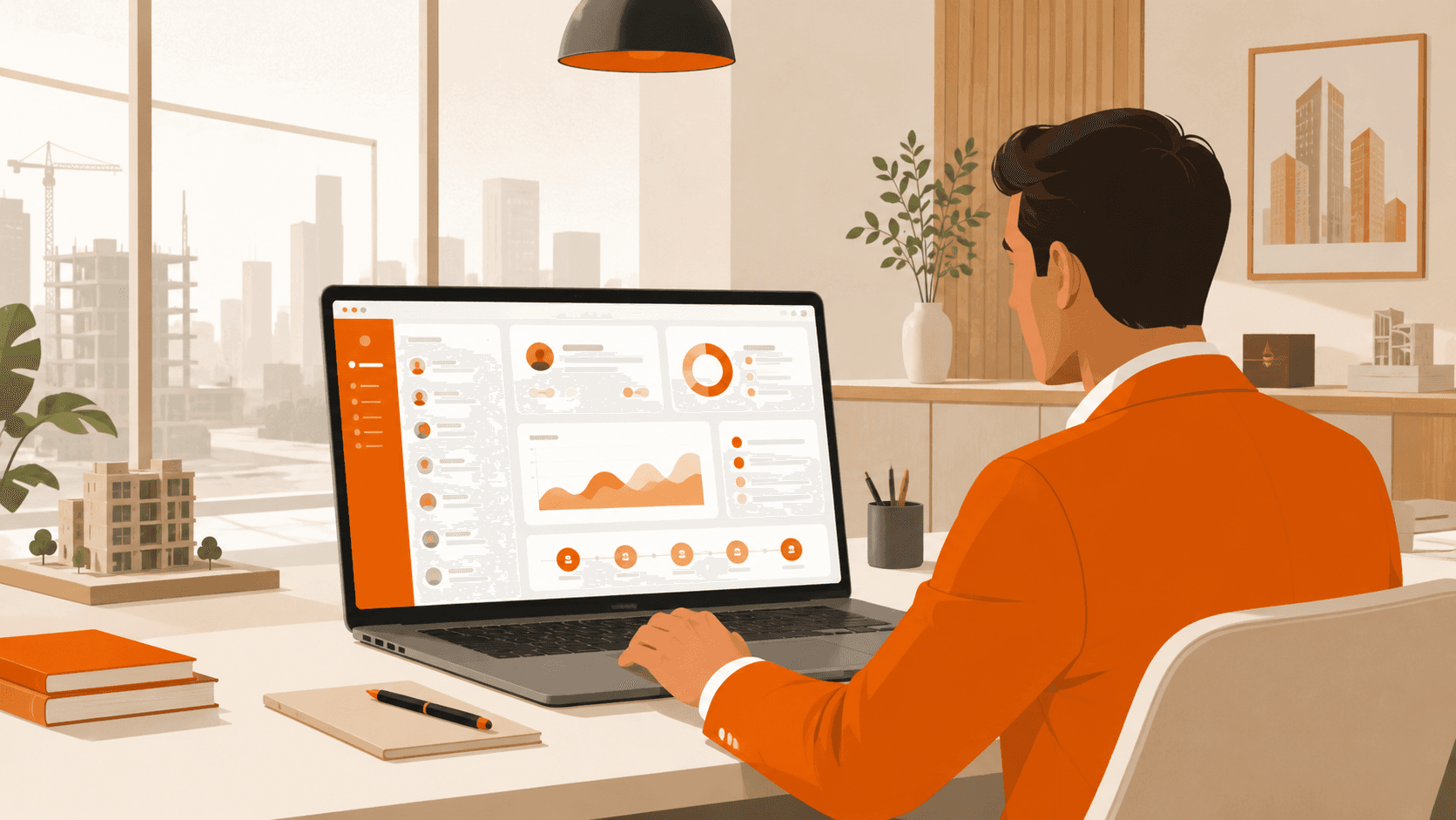 Real estate developer using lead management software in an office.