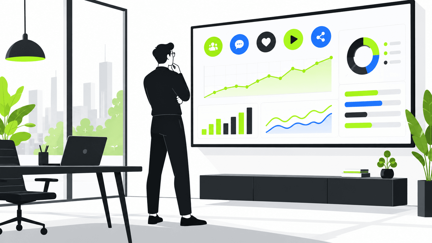 B2B marketer analyzing social media analytics on a large screen.