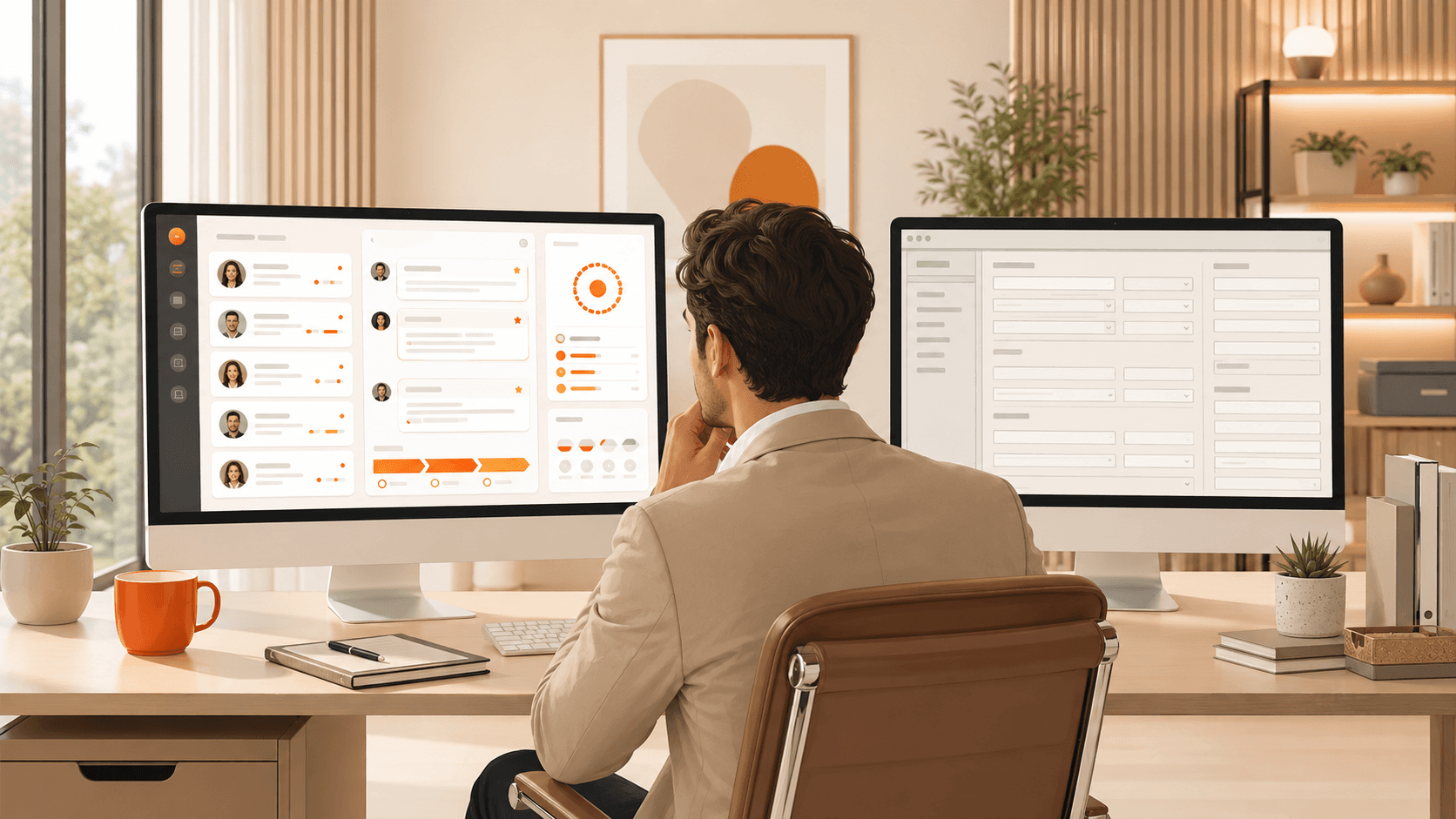 Real estate agent comparing ArthaLeads and traditional CRM systems on dual monitors in an office.