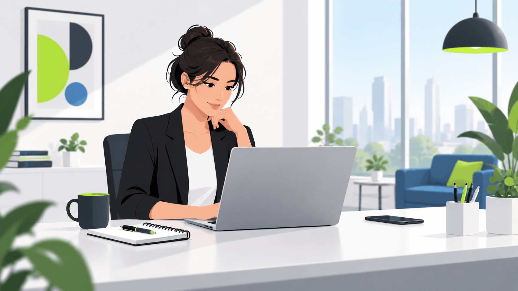Marketing manager reviews AI-powered lead generation analytics on laptop.
