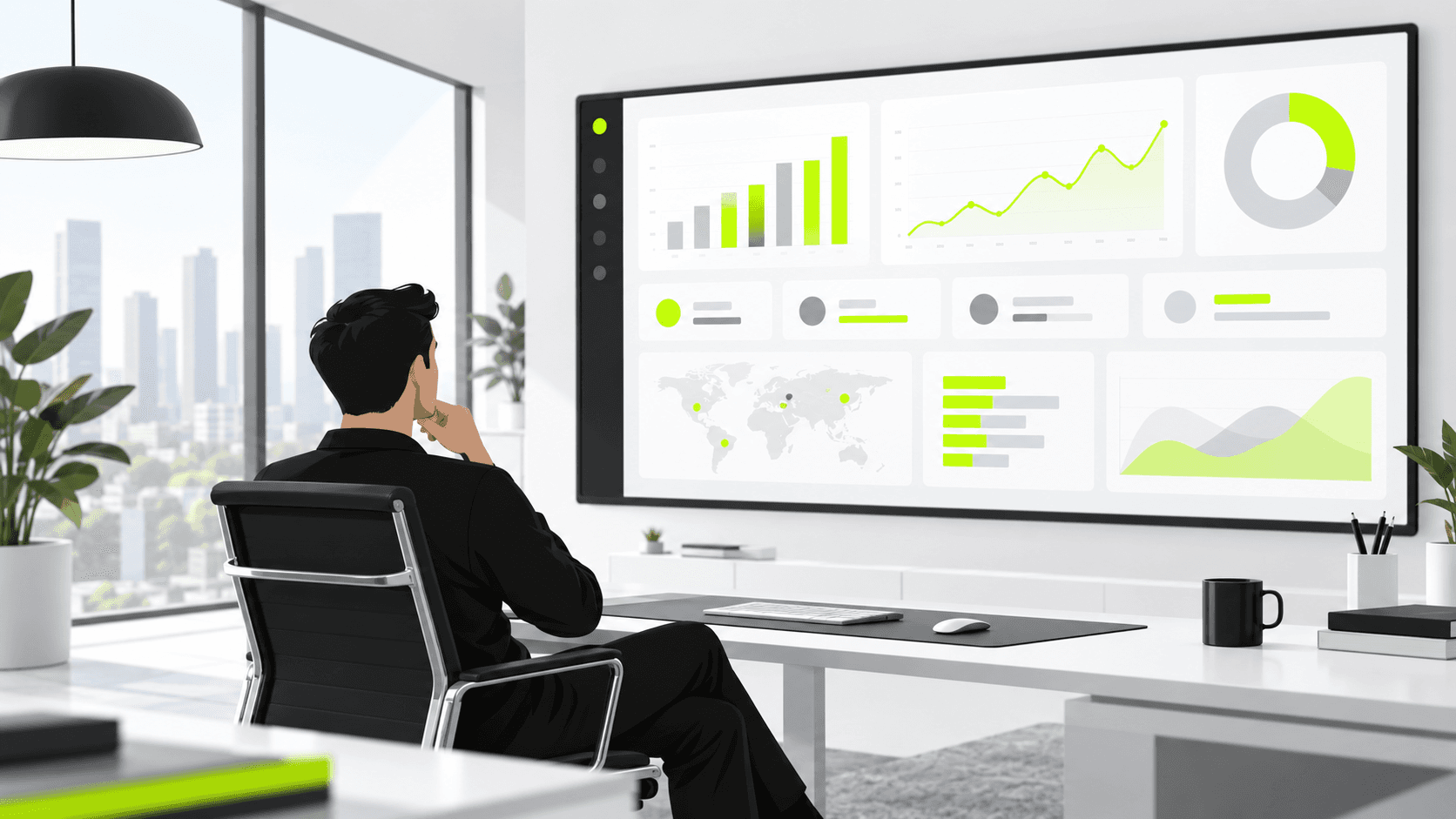 Marketing analyst reviewing conversion metrics on a large screen.