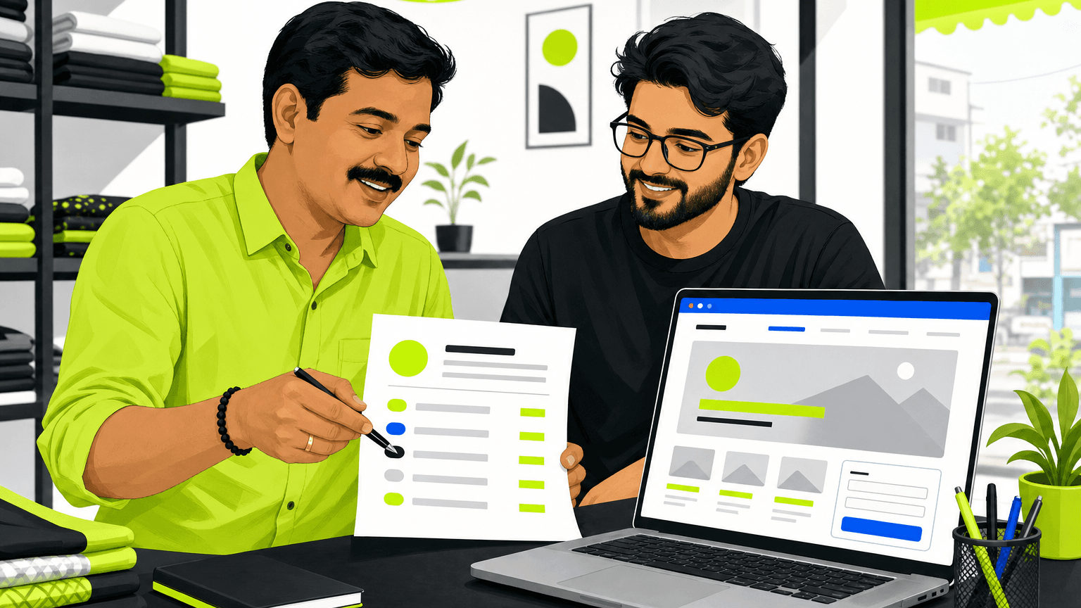 A Pune business owner and web designer reviewing a printed website quote next to a simple website layout on a laptop