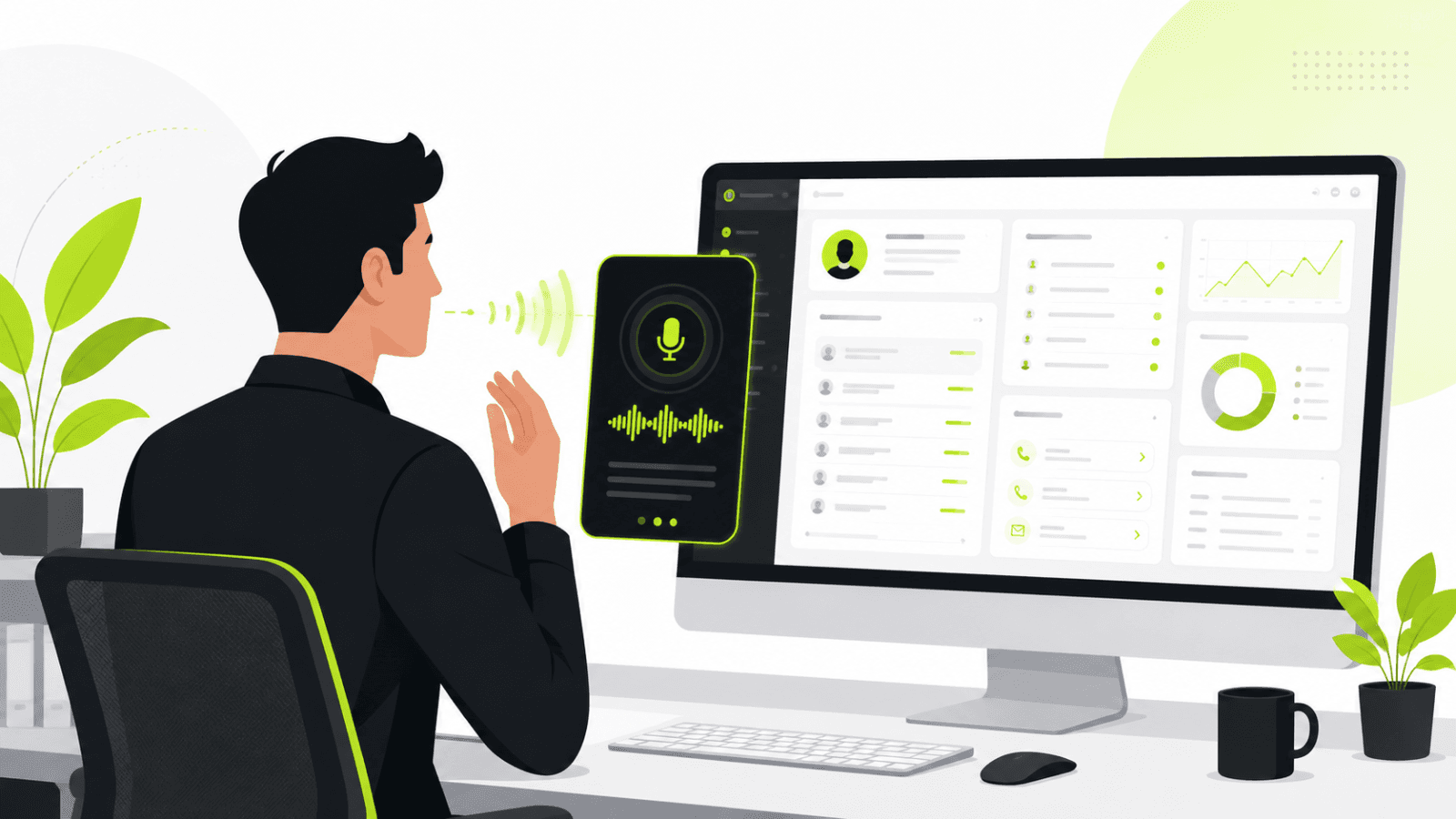 Business professional using voice AI with a CRM dashboard.