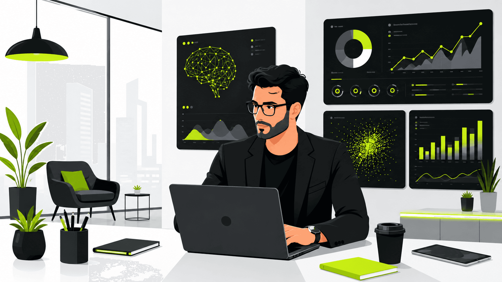 B2B marketing strategist analyzing future market intelligence trends on digital screens.