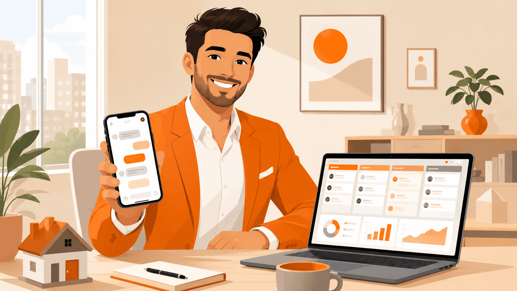 Real estate agent using WhatsApp for lead capture at a desk.