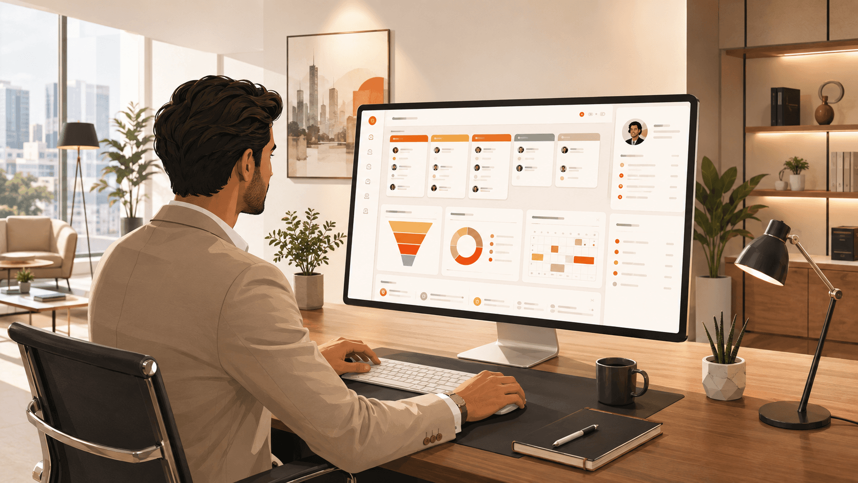 Real estate agent using ArthaLeads CRM software in an office.