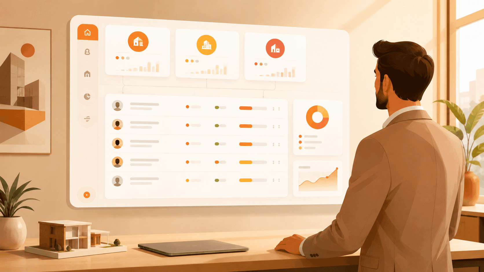 Real estate agent viewing a CRM dashboard with 99acres, Housing.com, and MagicBricks leads