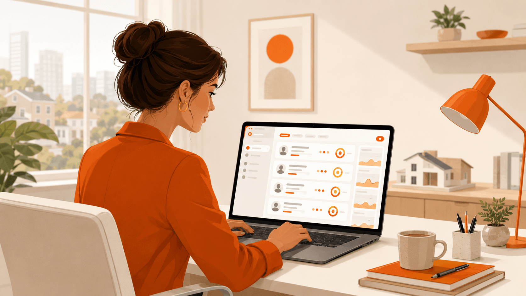 Real estate agent analyzing AI lead scoring on a laptop in an office.
