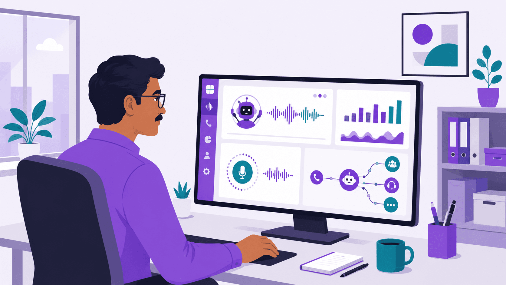 Customer service manager using AI voice assistant in an SMB office.