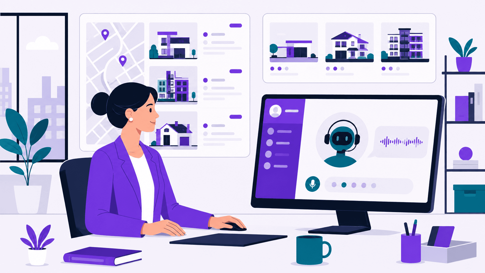 Real estate agent using AI voice agent with property listings in background.
