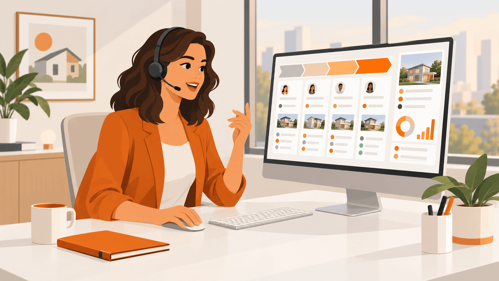 Real estate agent on headset viewing a lead pipeline on a computer.