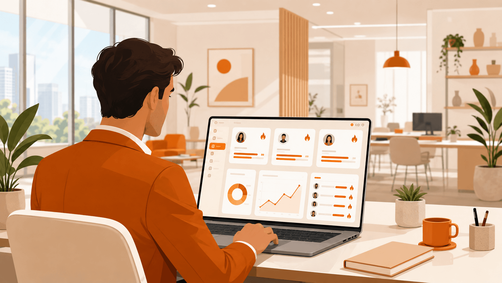Real estate agent using ArthaLeads on a laptop in a modern office.