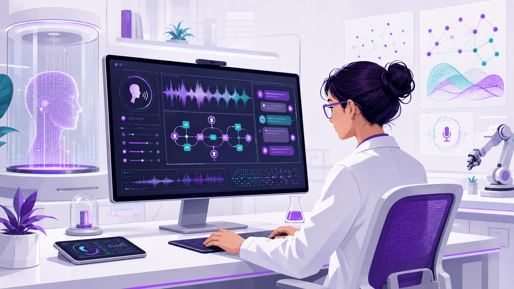 AI researcher developing voice agent software in a lab.