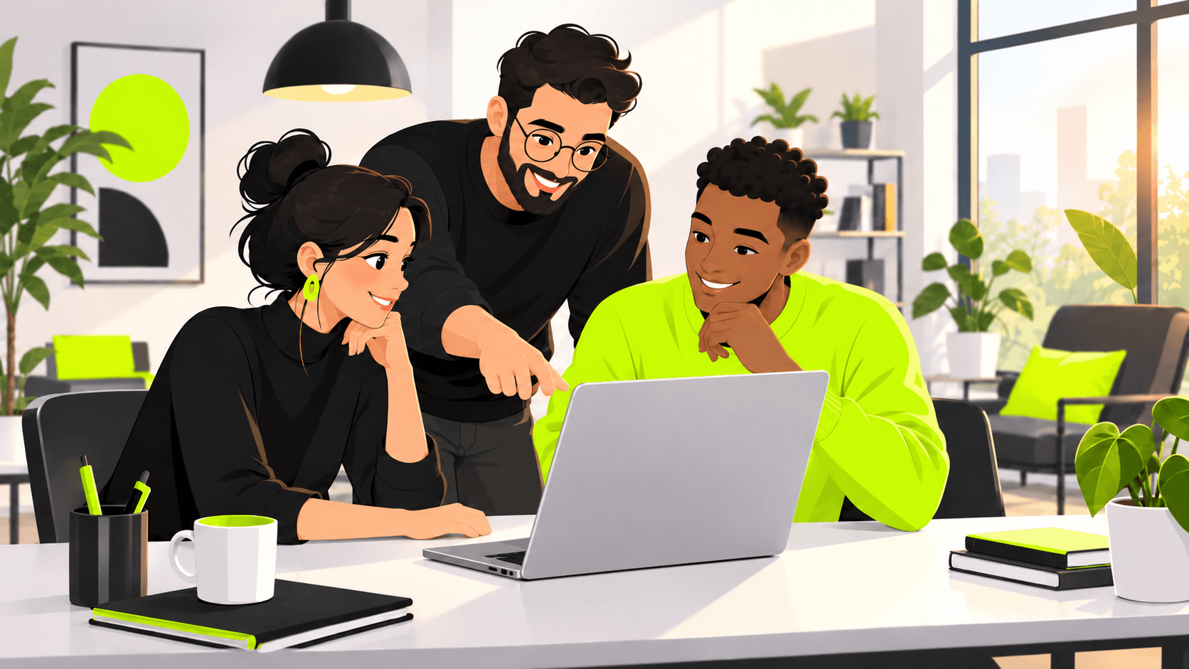 Small marketing team discussing workflow automation around a laptop.