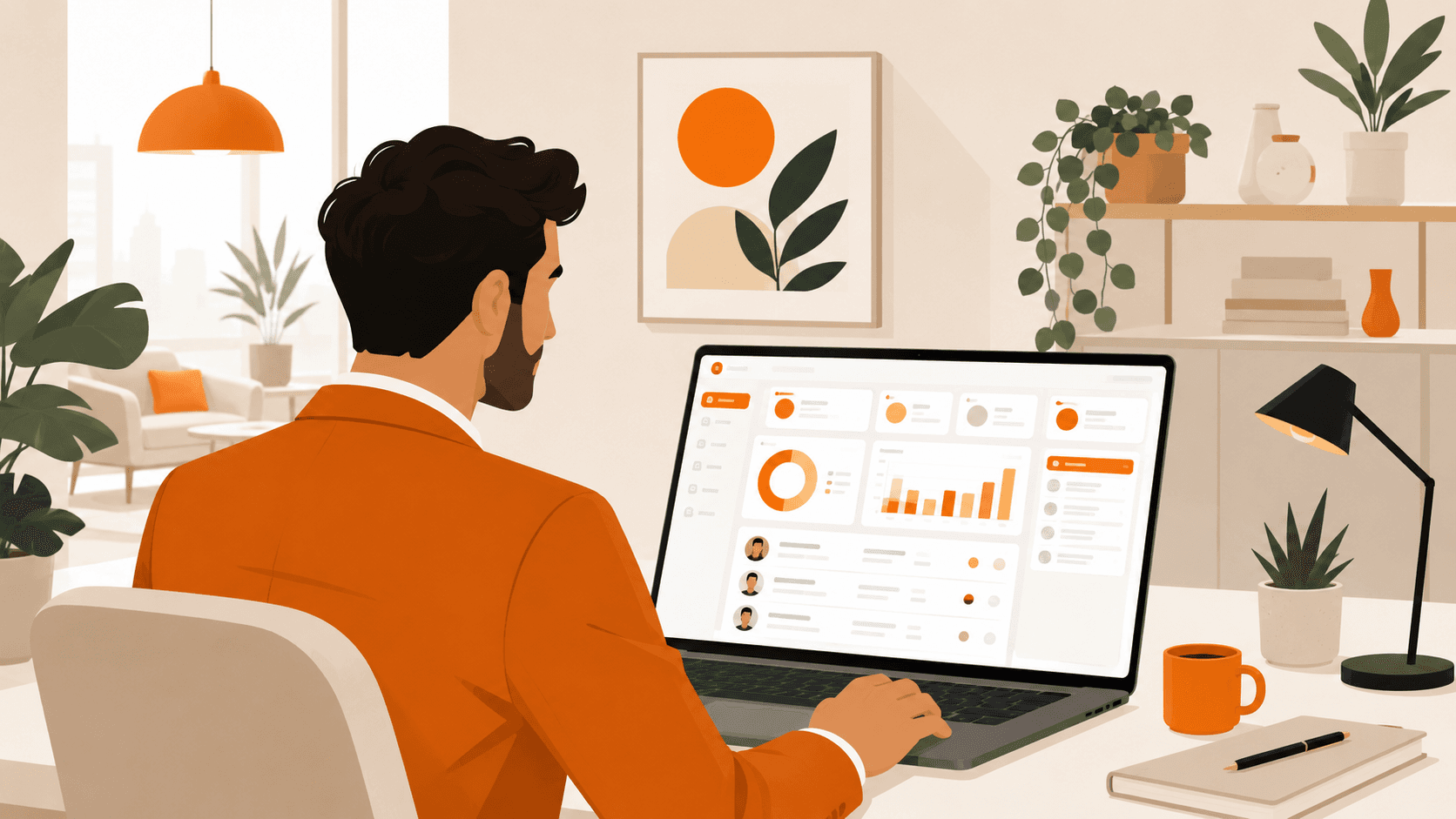 Real estate agent using lead management software in a modern office.